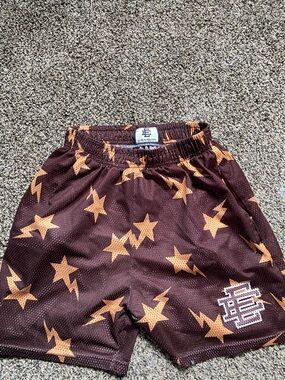 Eric Emanuel Men's Maroon Shorts with Gold Star & Lightning Print